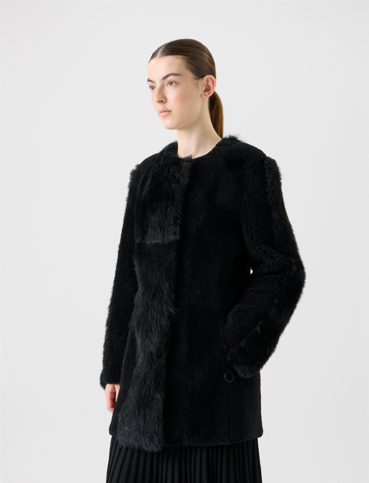 Designer Straight Patchwork Shearling Short Coat - black - neutral #editorial