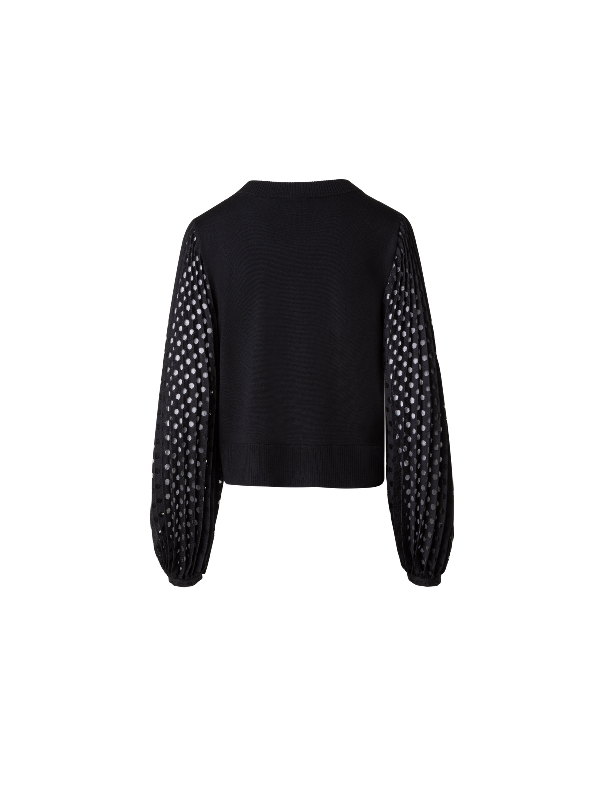 Designer Mixed Media Wool Knit Sweater with Lace Sleeves - black