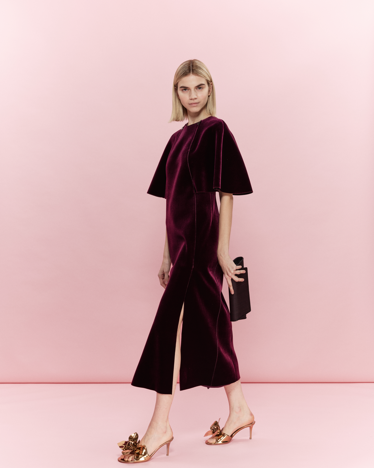 Designer Velvet Neoprene Midi Dress with Cape Sleeves - red 