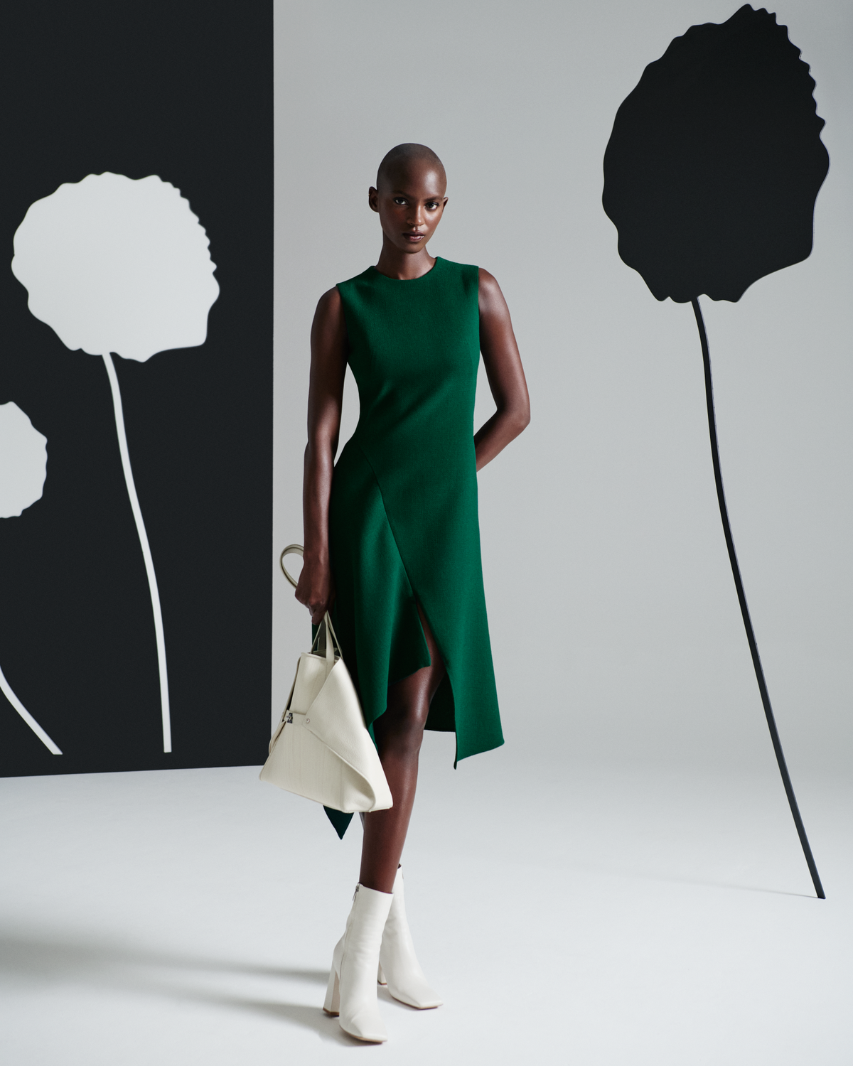 Designer Asymmetrical Dress in Wool Double-Face - green #editorial
