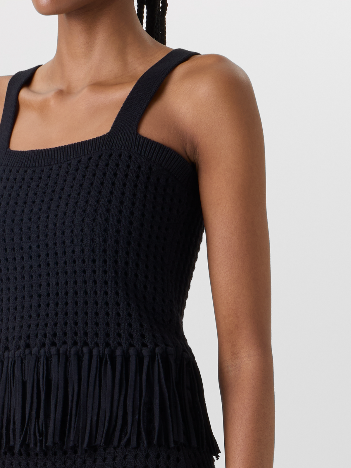Designer Short Chunky Cotton Mesh Knit Top - black #editorial