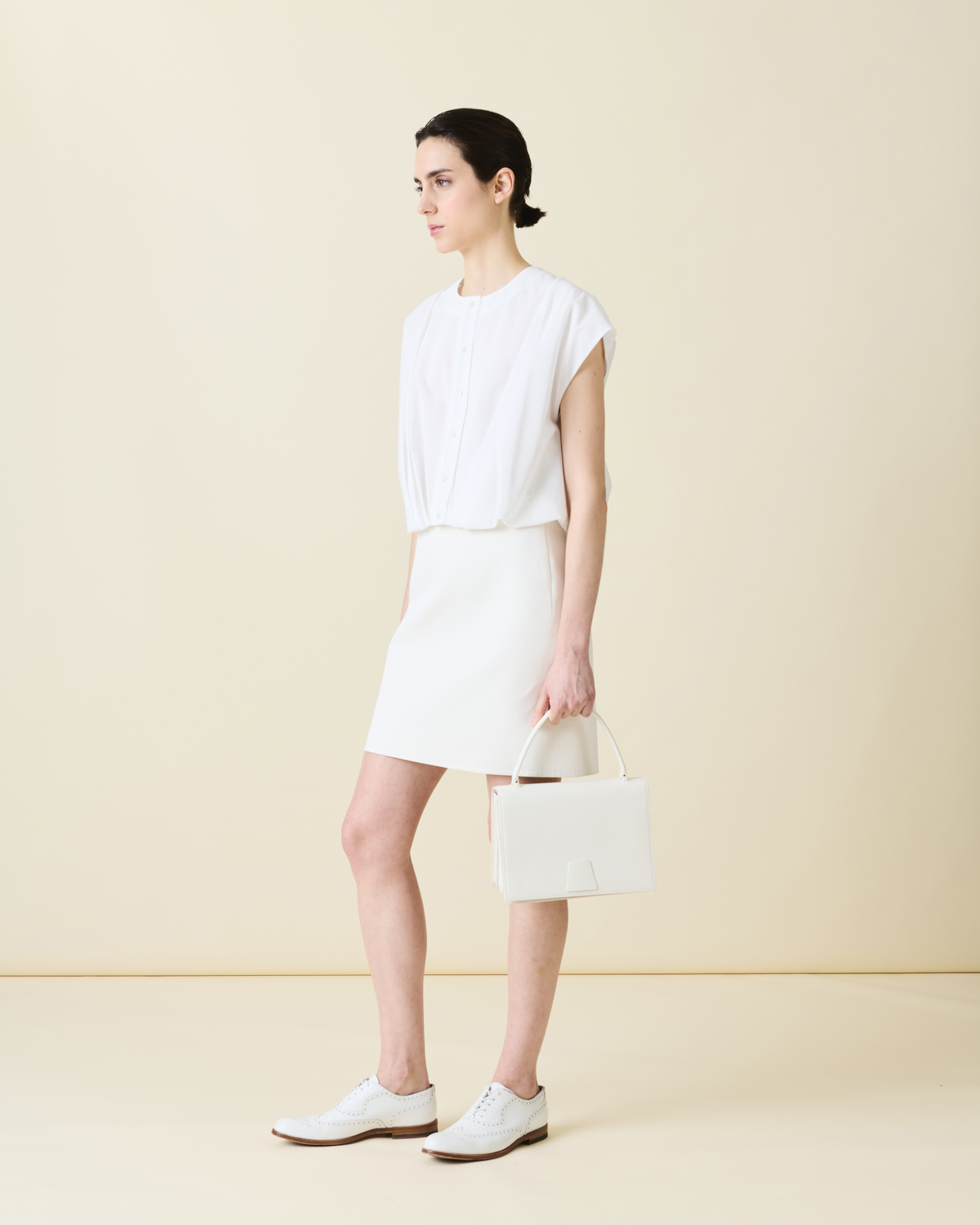 Designer Short Pencil Skirt in Cotton Double-Face - neutral - ecru - white #editorial
