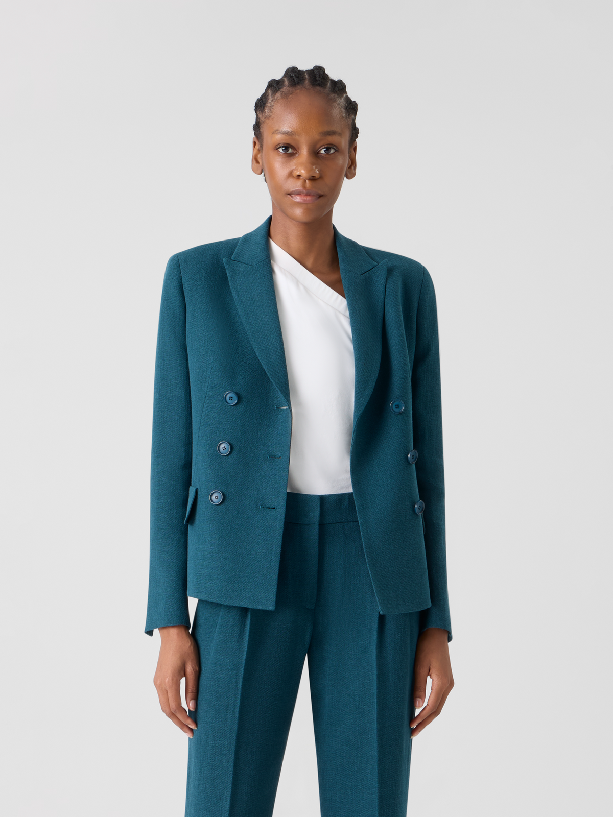 Hannah Fitted Double-Breasted Linen Wool Jacket Akris Inc. Hannah Fitted Double-Breasted Linen Wool Jacket Akris Inc.
