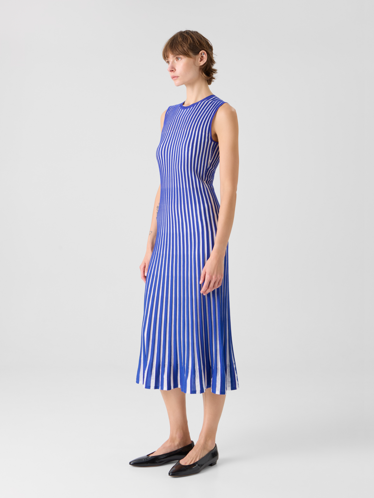 Two Tone Rib Knit Dress with Sheer Shoulders Lapis blue-ecru / 8