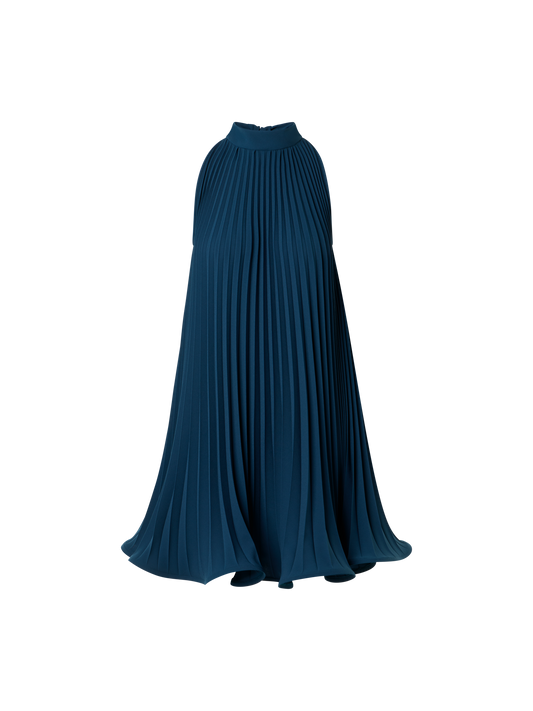 Designer A-Line Plissé Halter Mini Dress - navy