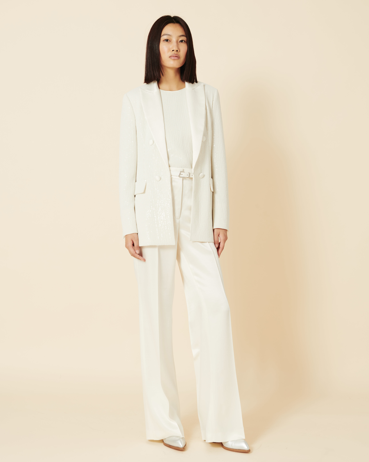 Designer Sequined Tuxedo Jacket with Satin Lapel - ecru - white #editorial
