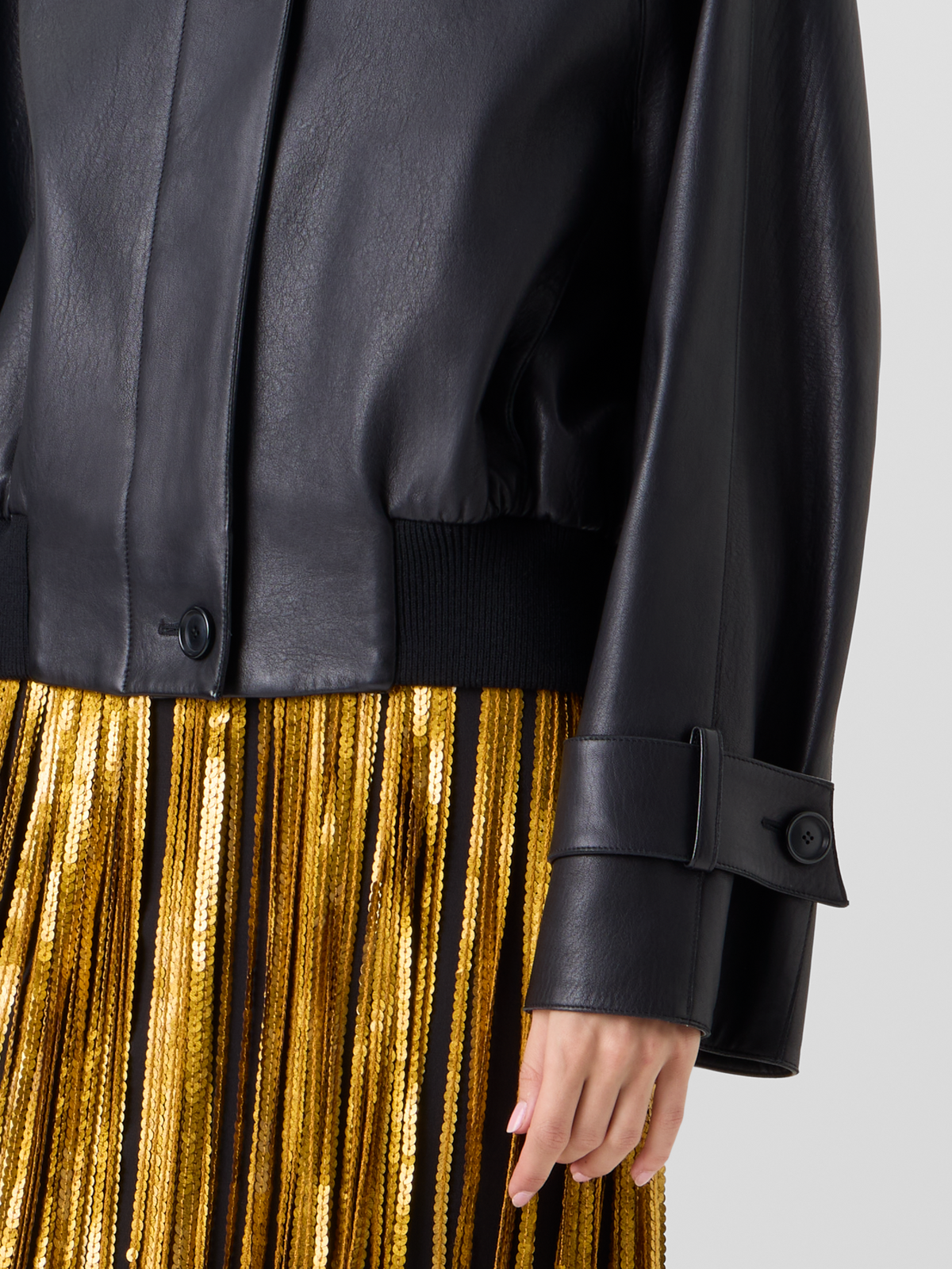 Designer Oversize Nappa Leather Blouson with Knitted Hem - black 