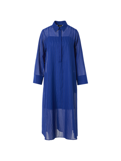 Designer Midi Shirt Dress with Wave Embroidery - blue