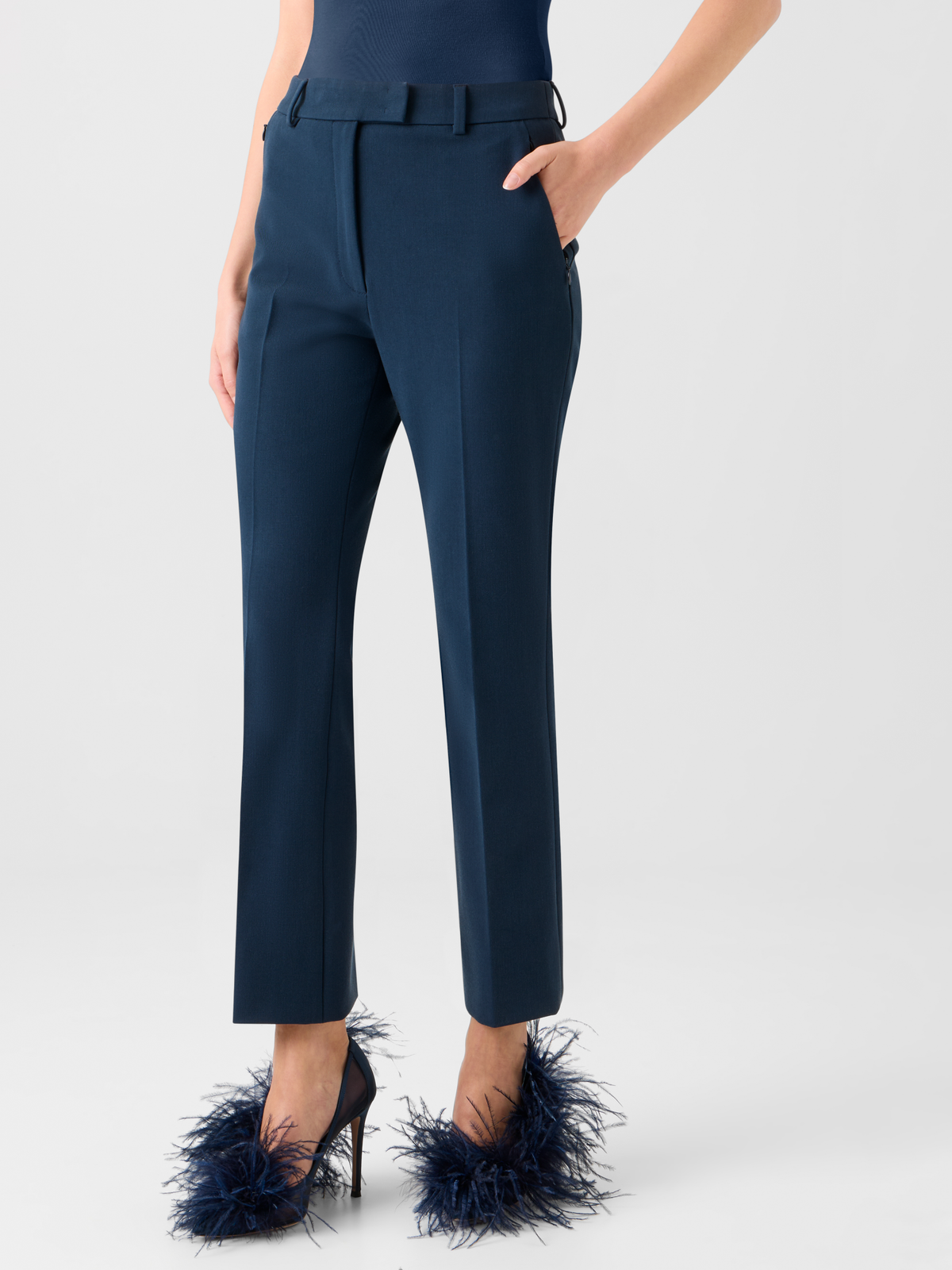 Designer Cropped Straight Stretch Lyocell Wool Pants - neutral - navy - blue #editorial