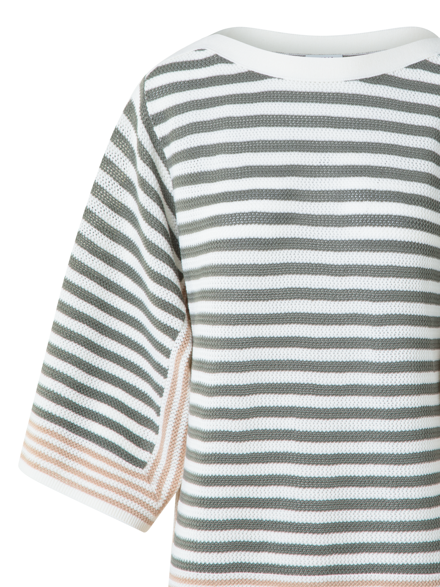 Designer Striped Volume-Sleeve Sweater in Merino Wool - neutral - green - multicolor