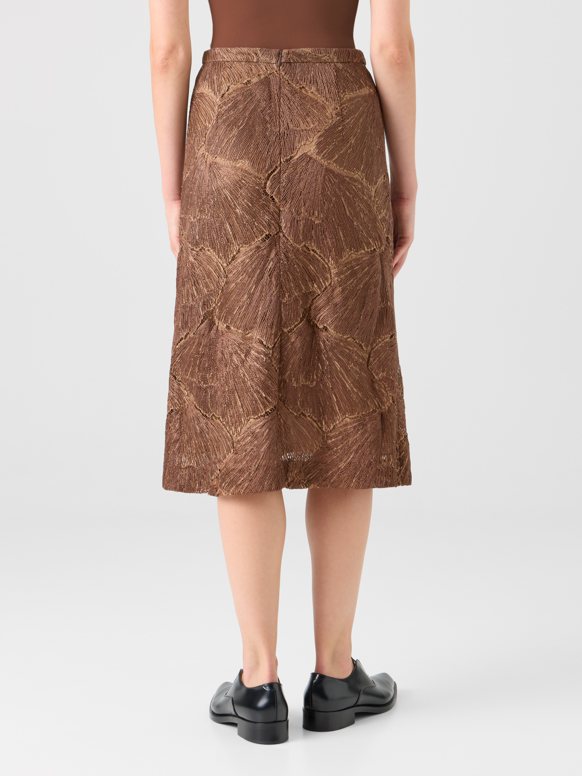 Designer Techno Lacquered Sea Fan Lace A-Line Skirt - brown #editorial