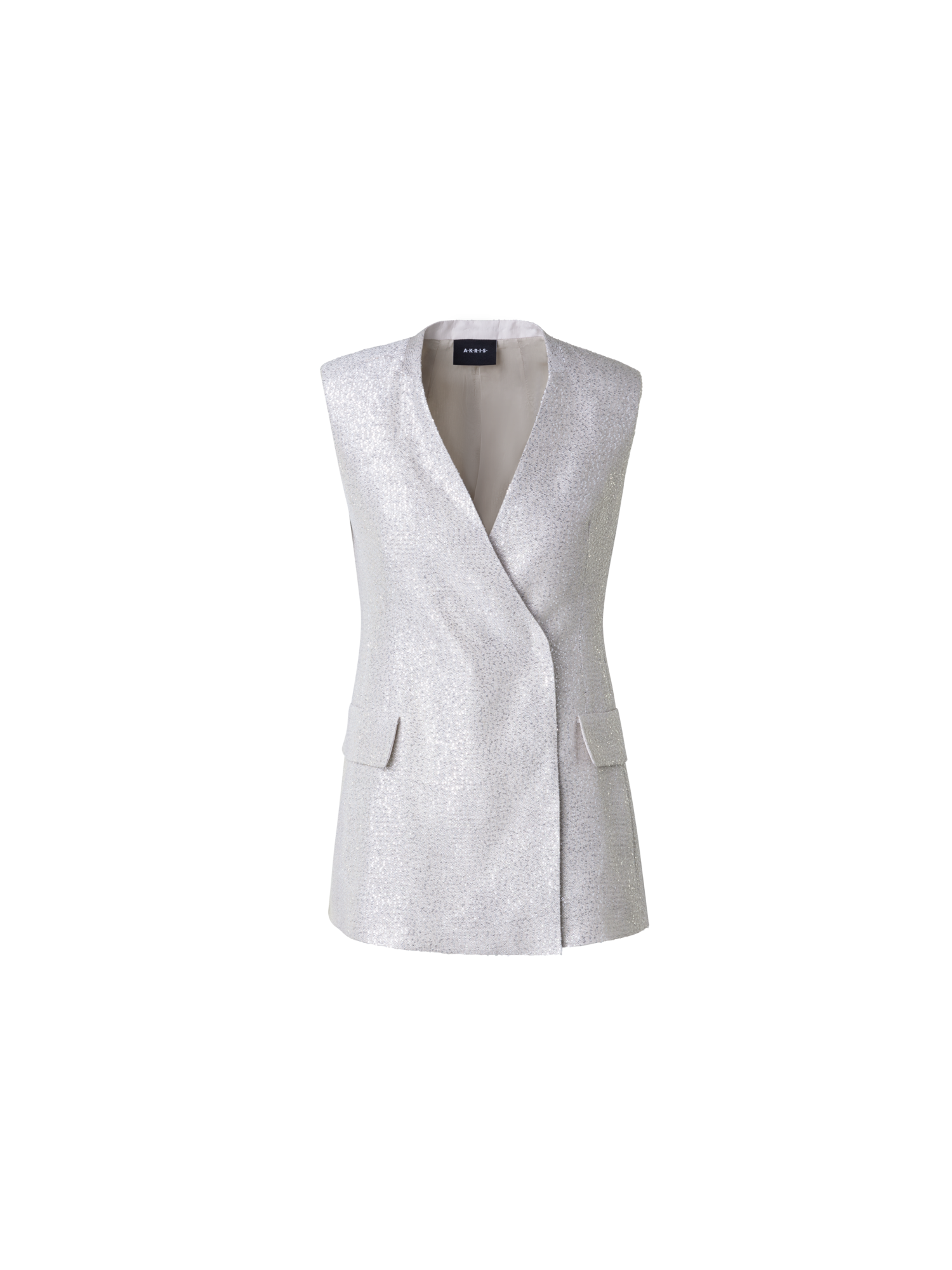 Designer Long Linen Blend Gilet with Sequins - grey