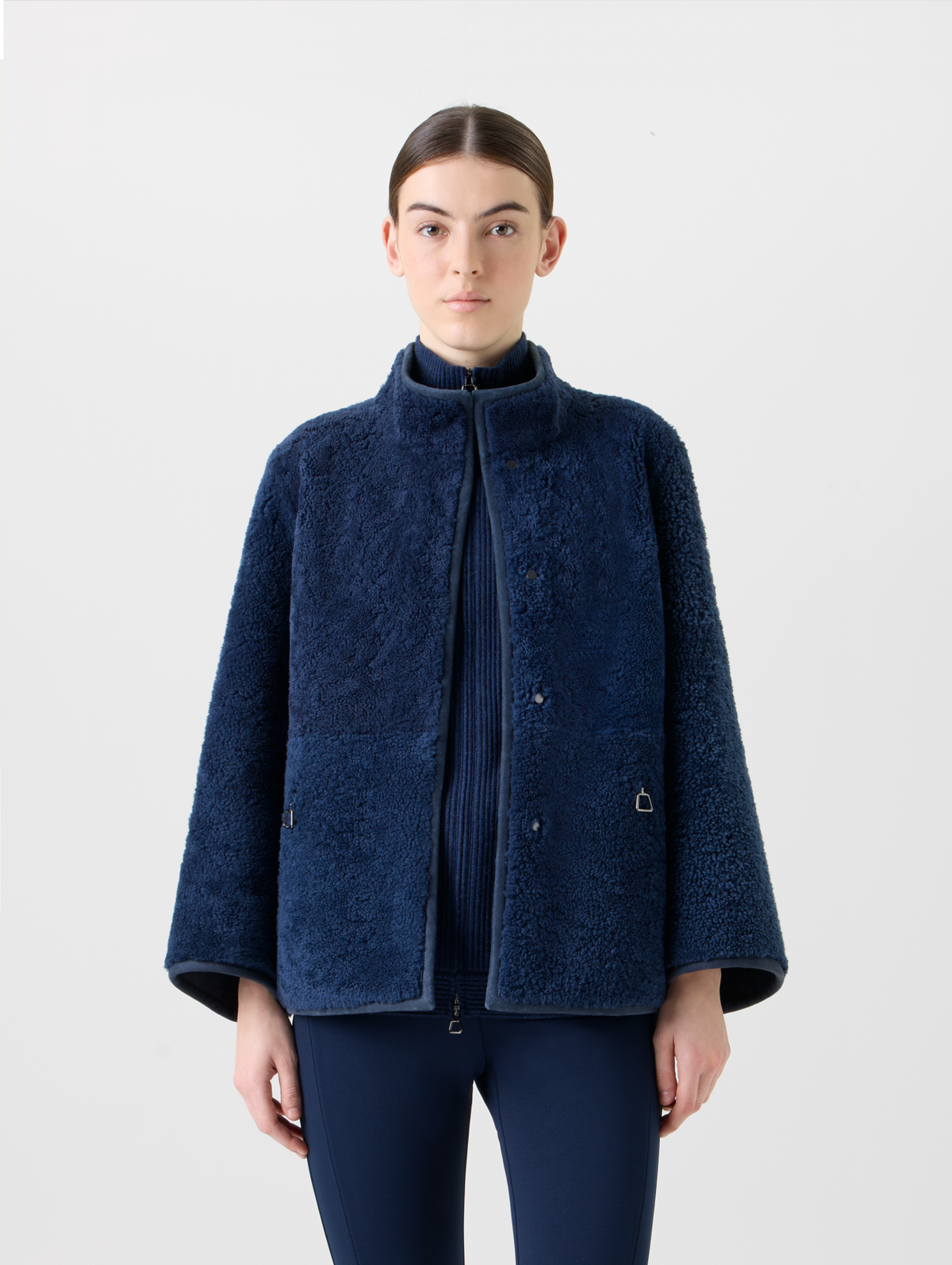 Designer Reversible Shearling Mock Neck Jacket - neutral - navy - blue #editorial