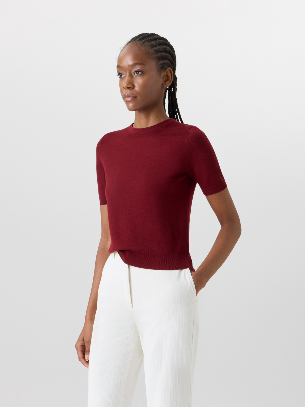 Designer Short-Sleeve Merino Wool Knit Sweater - red #editorial