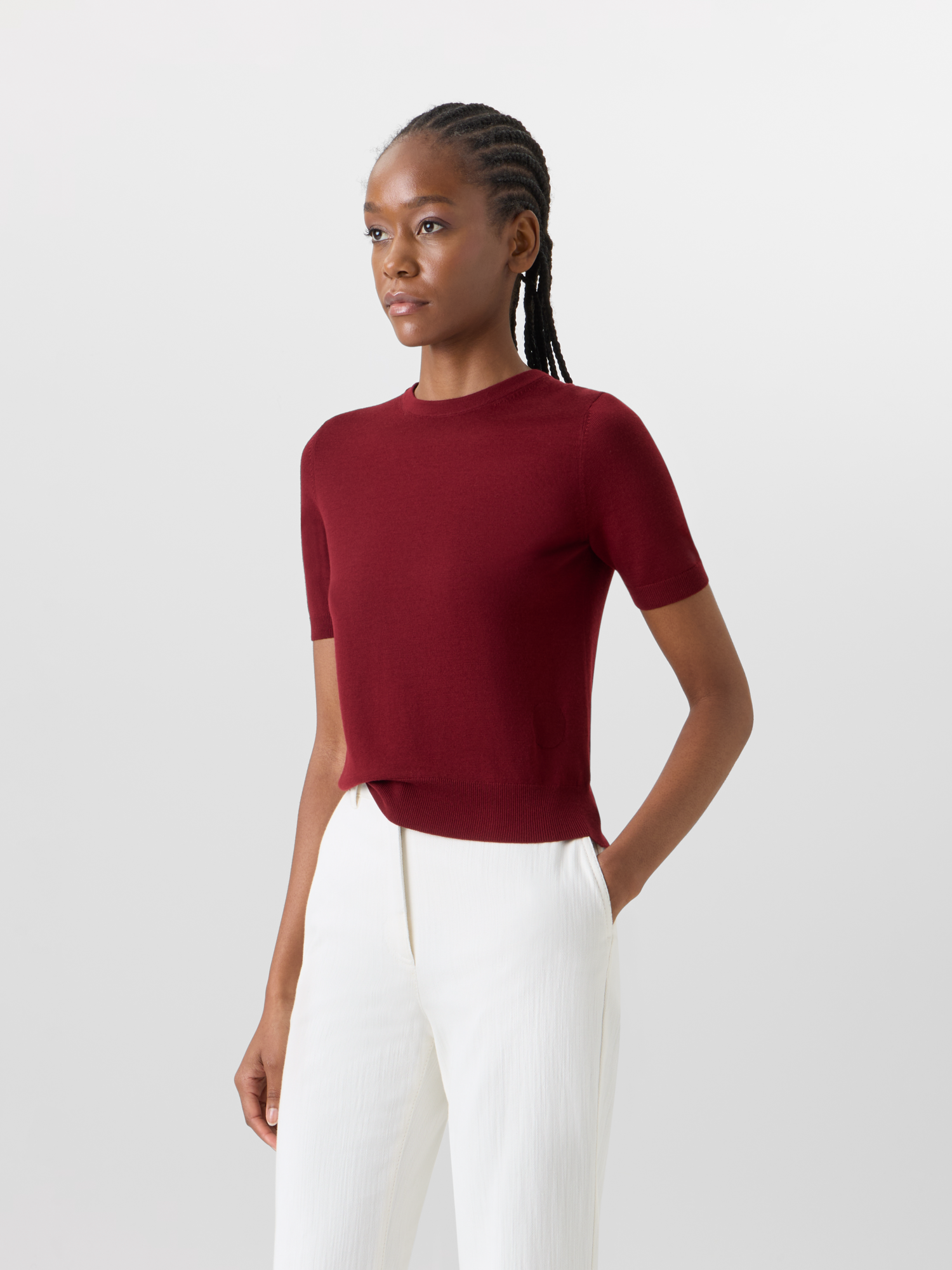 Designer Short-Sleeve Merino Wool Knit Sweater - red 