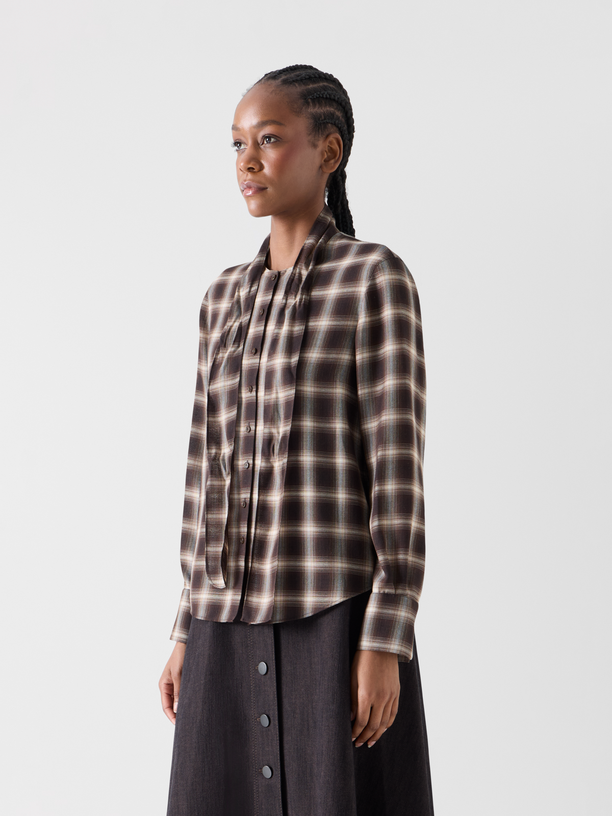 Designer Plaid Blouse in Wool Shelley with Bow Collar - brown - multicolor 