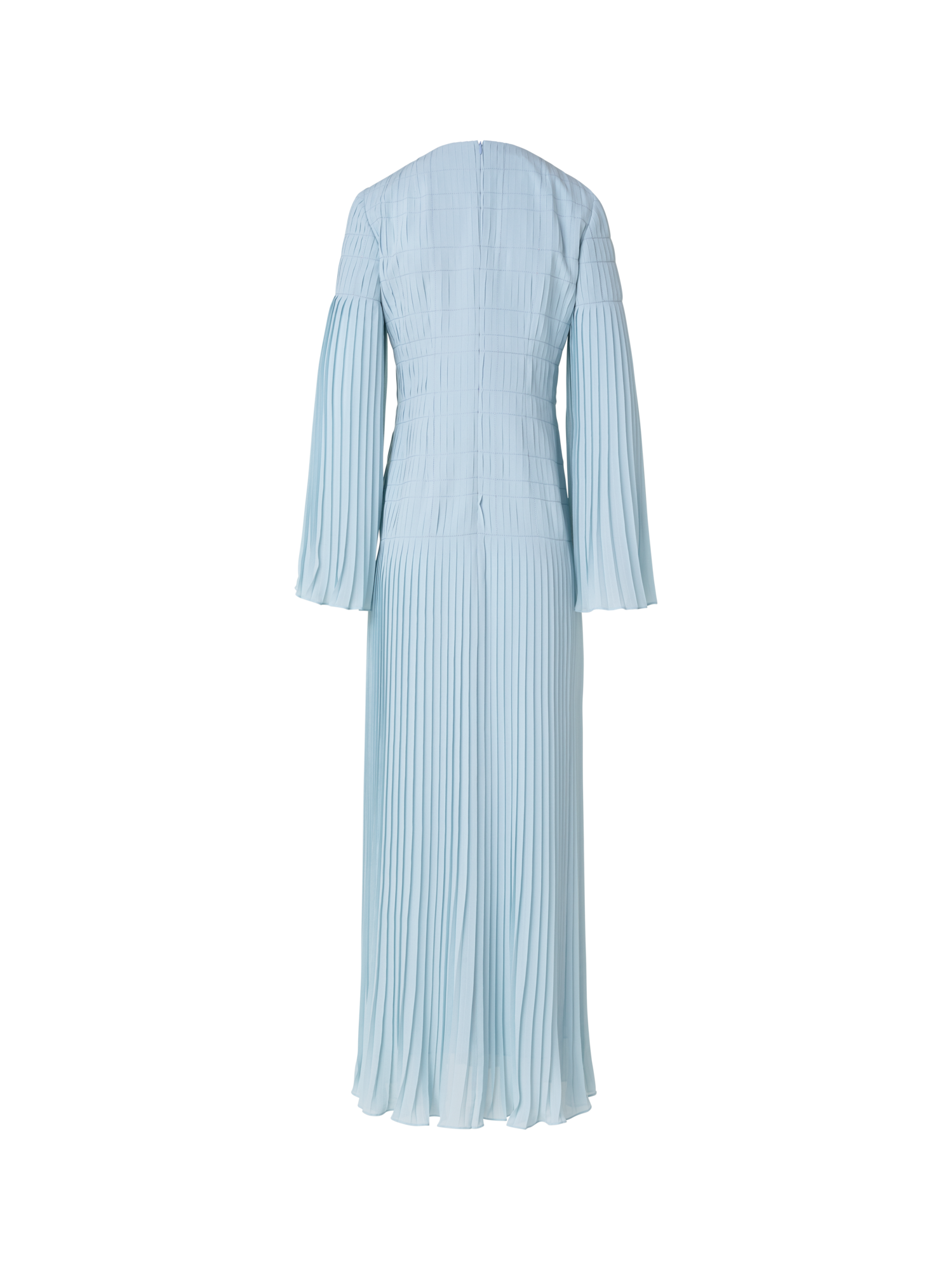 Designer Long Pleated Gown with Long Flared Sleeves - blue