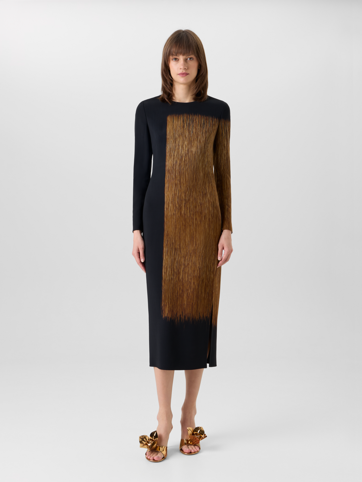 Designer Oro Lienzo Print Midi Sheath Dress in Wool Double-Face - beige - black - multicolor #editorial