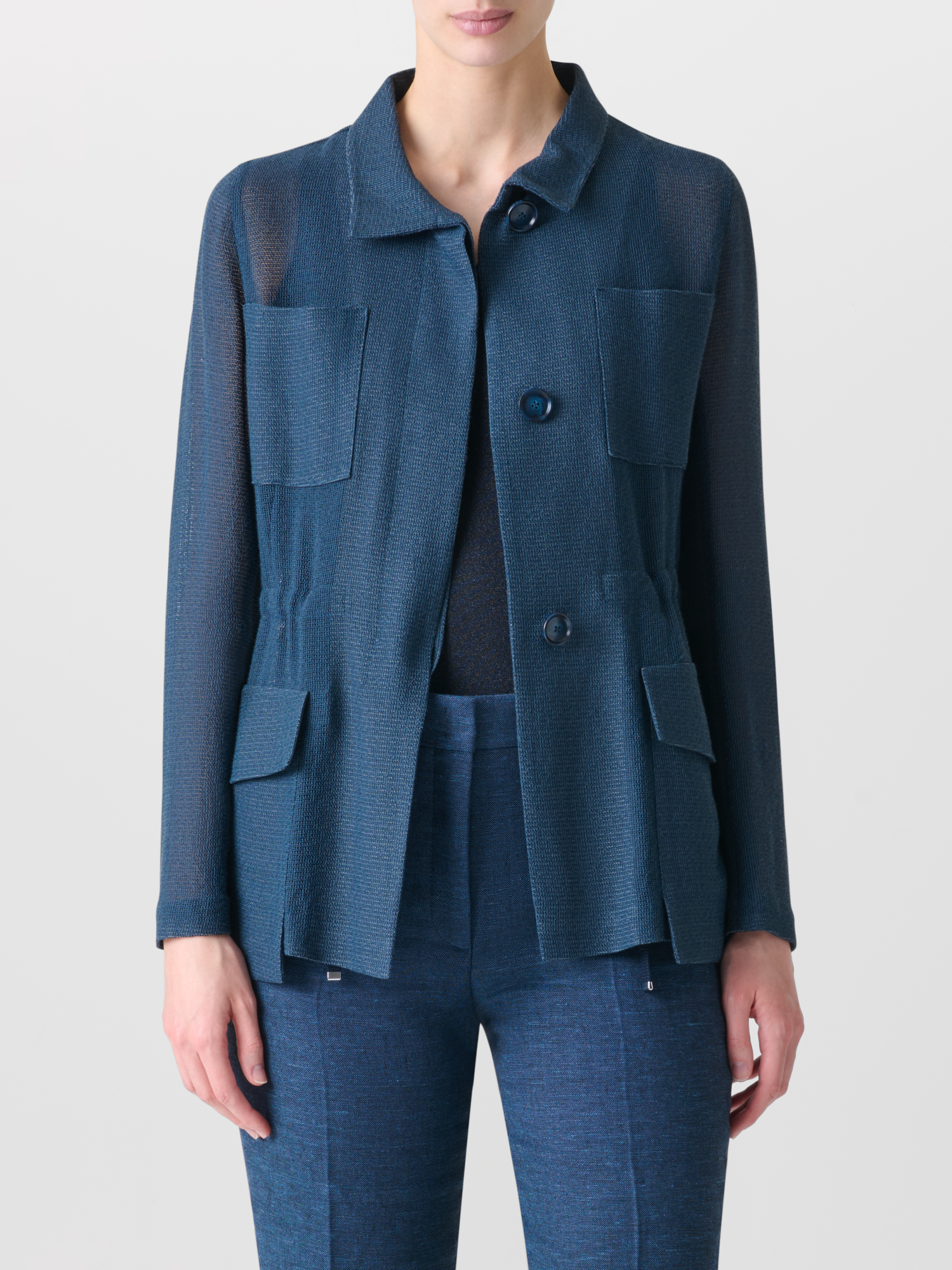 Designer Sheer Safari Jacket in Open Weave Structure - neutral - navy - blue 