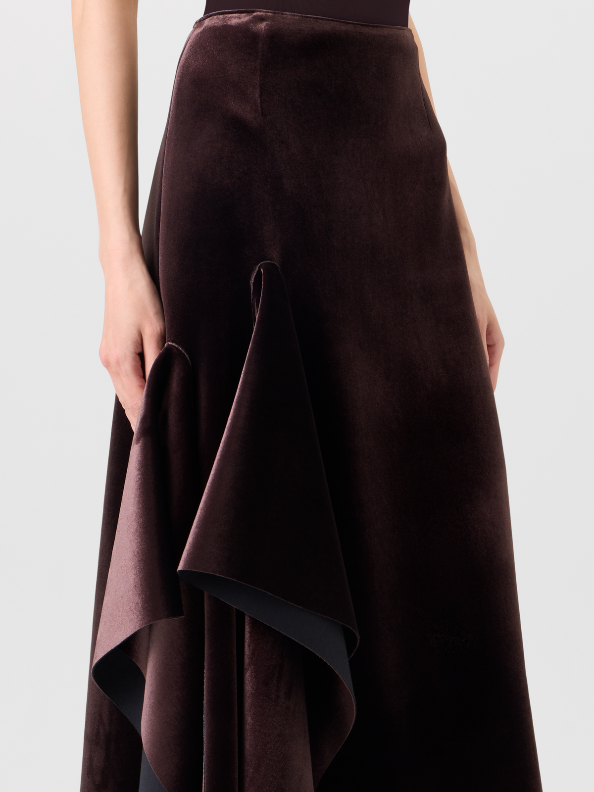 Designer Asymmetrical Velvet Neoprene Midi Skirt - wine 
