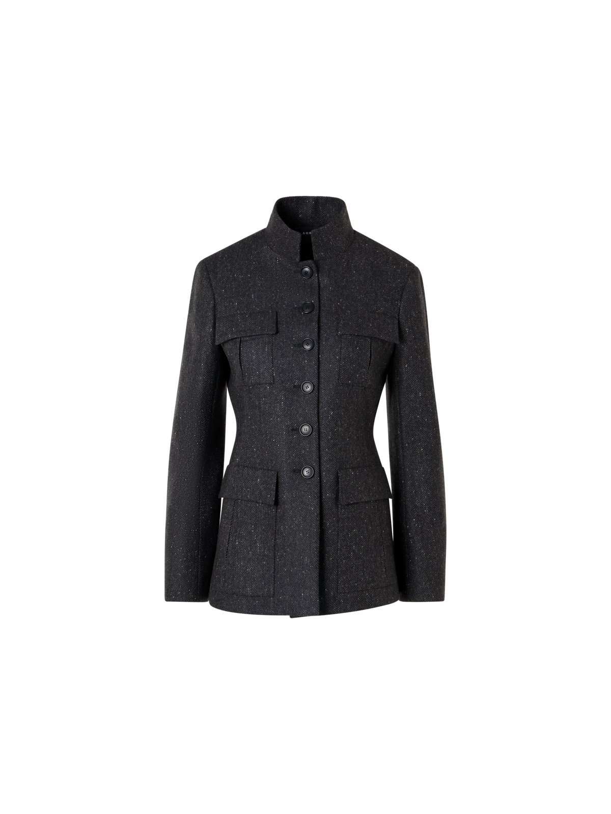 Designer Fitted Herringbone Cashmere Jacket with Four Pockets - grey