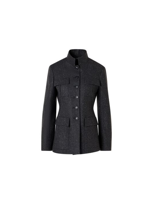 Designer Fitted Herringbone Cashmere Jacket with Four Pockets - grey
