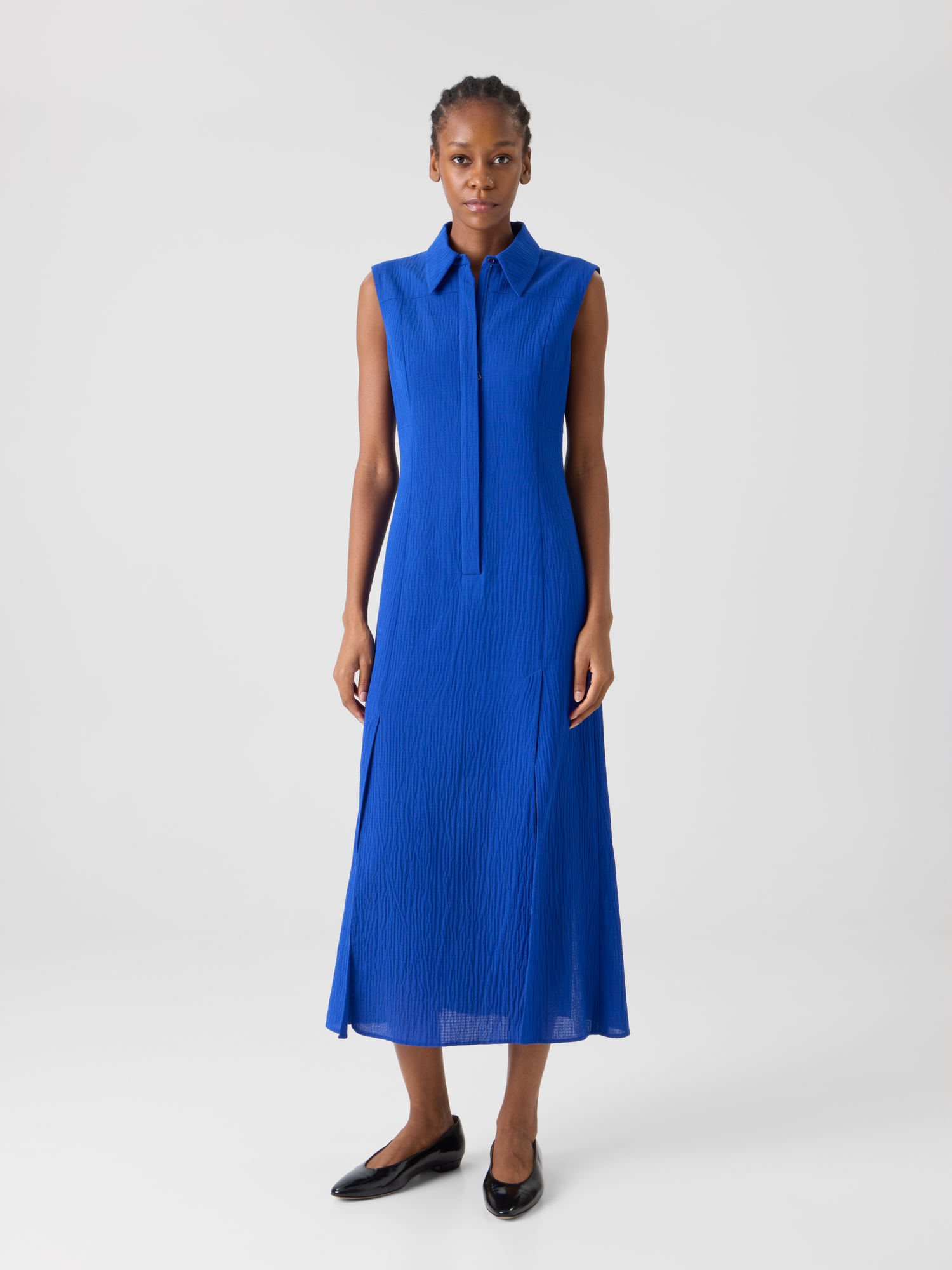 Designer Midi Shirt Dress in Structured Cotton Silk - blue
