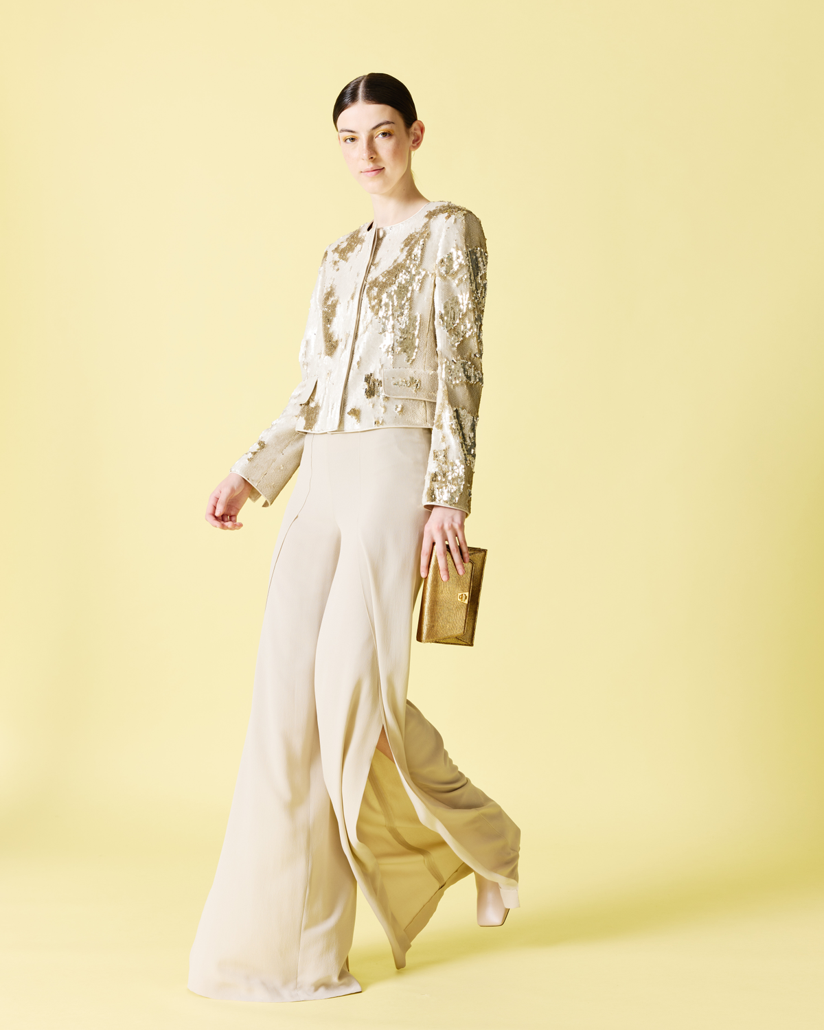 Designer Wide Silk Georgette Pants with Slits - neutral - beige #editorial