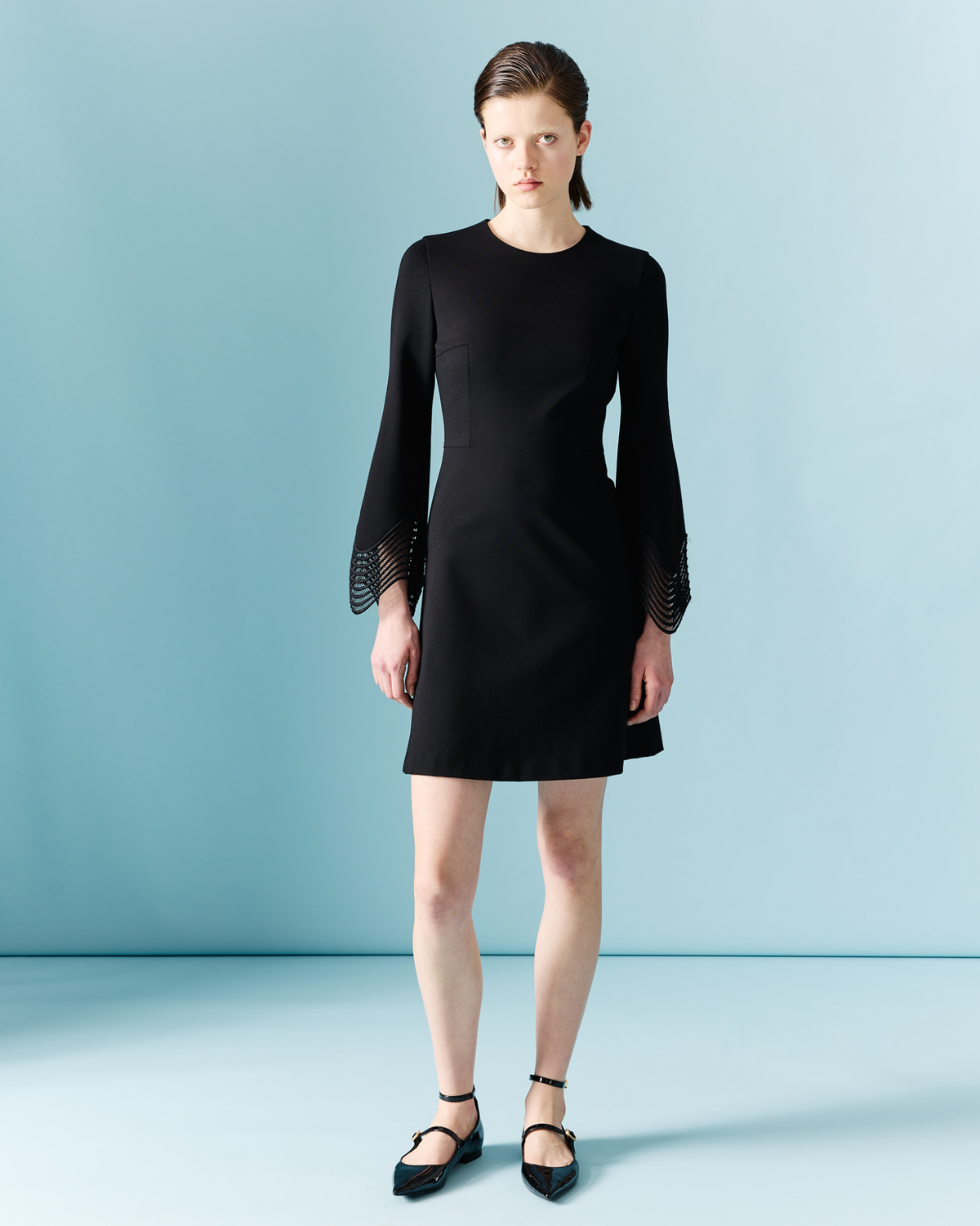 Designer Jersey Mini Dress with Wave Lace - black #editorial