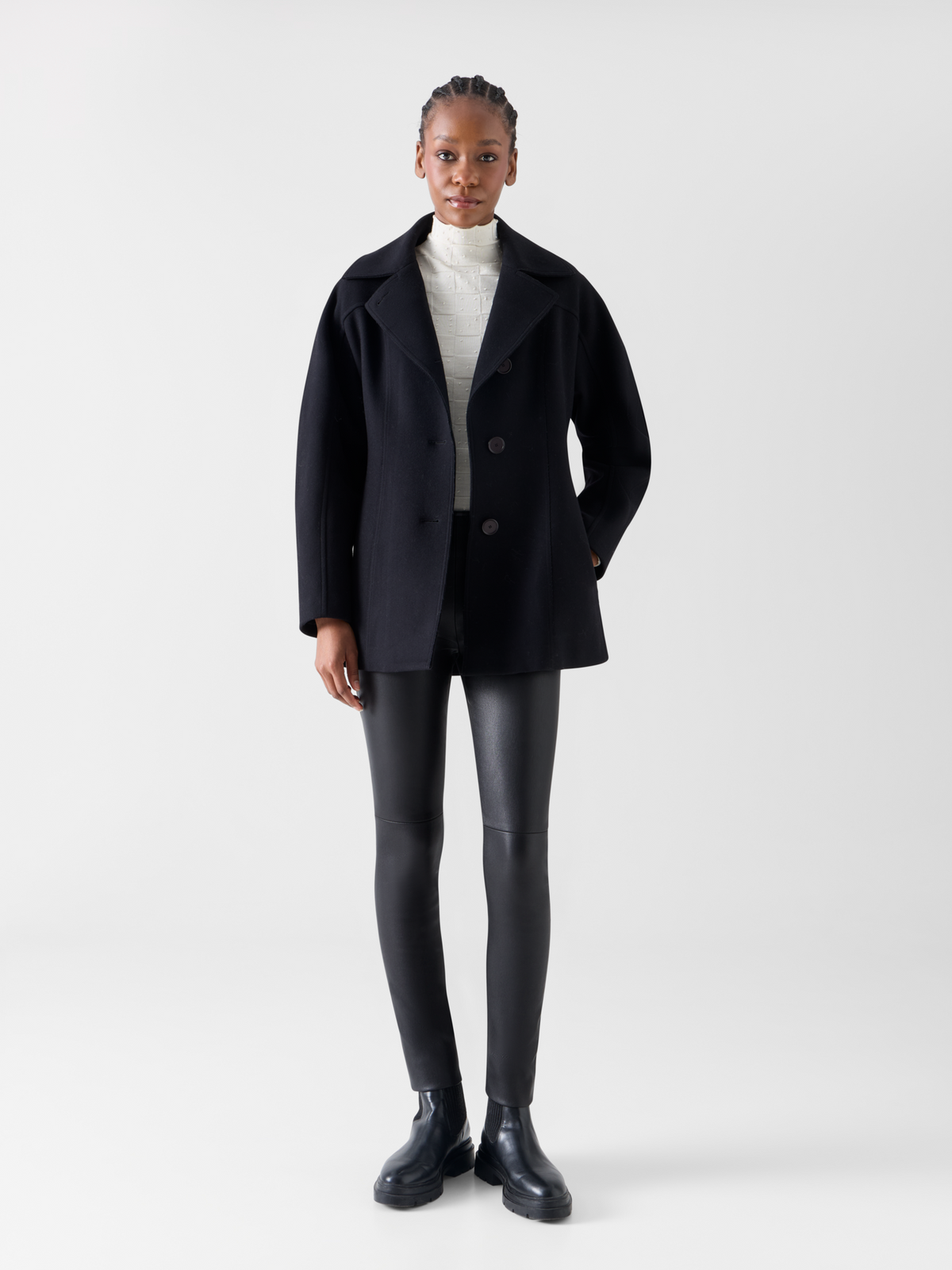Designer Short Coat with Barrel Sleeves and Self-Belt - black 