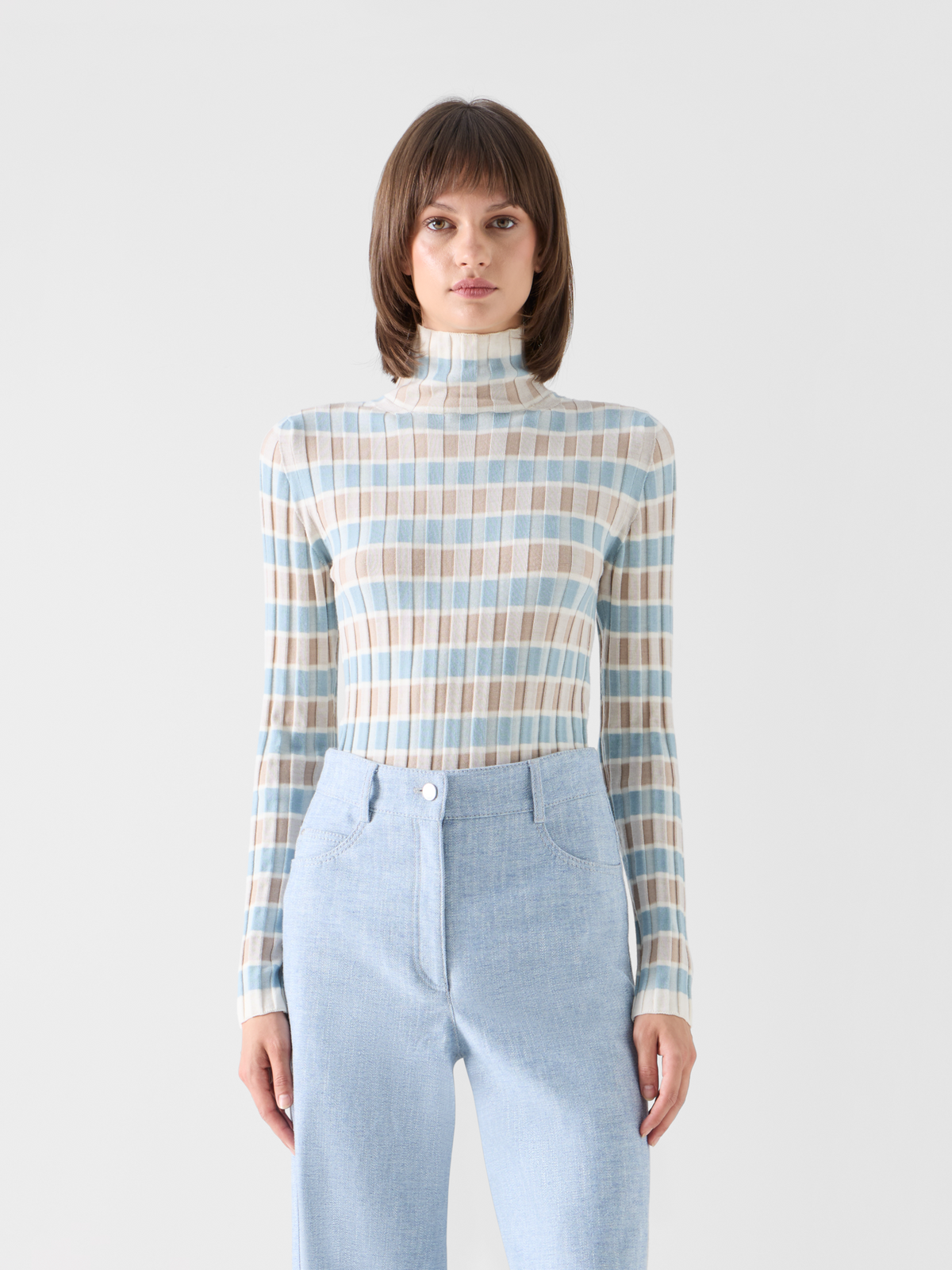 Designer Merino Wool Ribbed Sweater with Check Intarsia - multicolor 