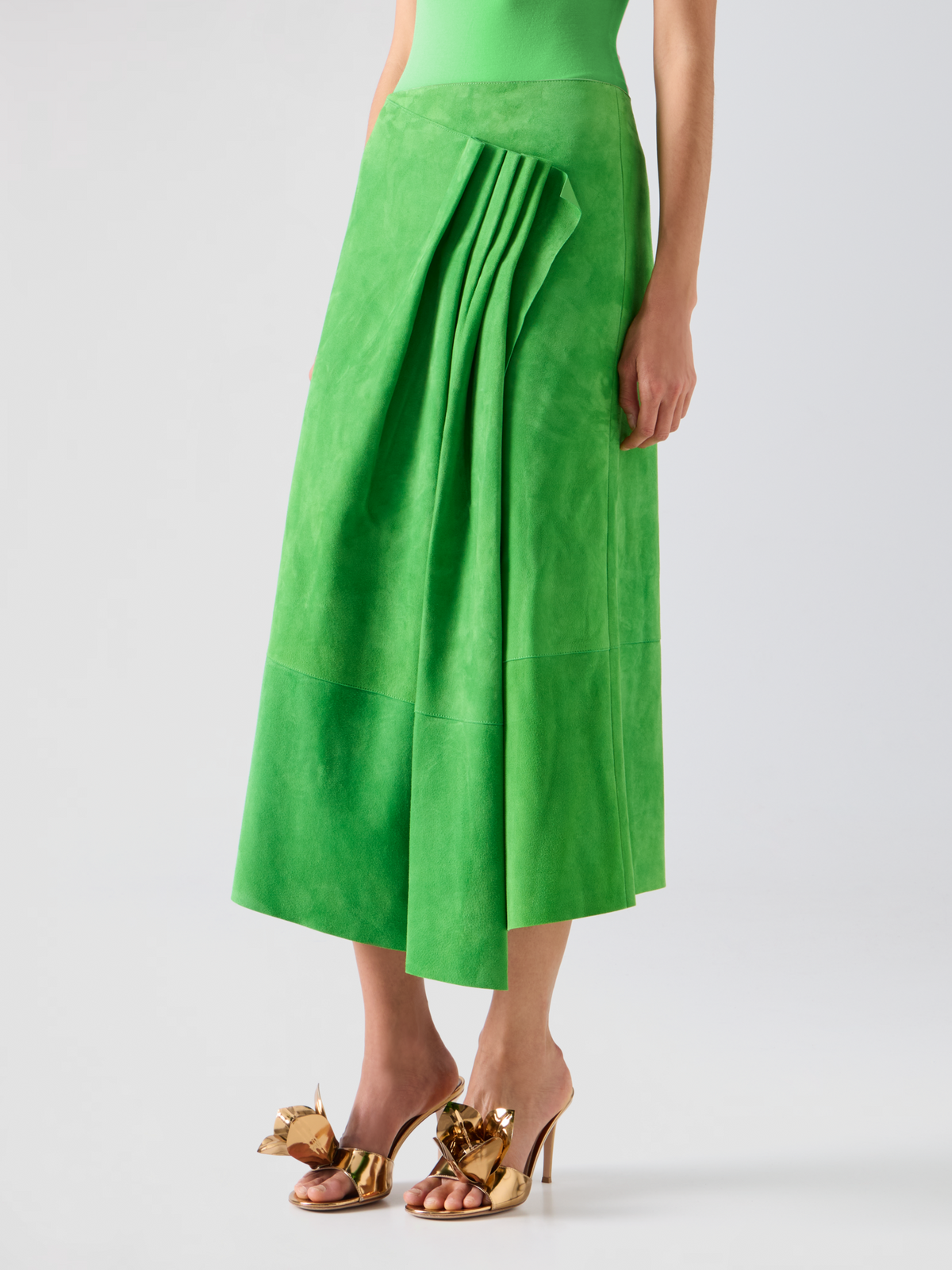Designer Asymmetrical Skirt with Front Gathering in Suede - green 
