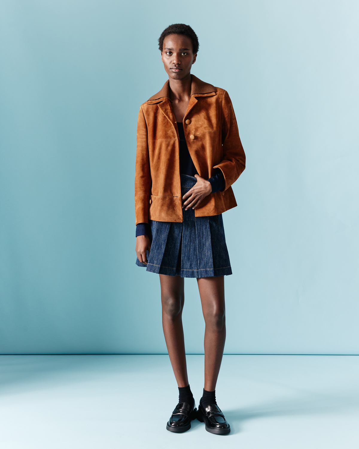 Designer Cropped Leather Jacket with Knit Collar - neutral - brown #editorial