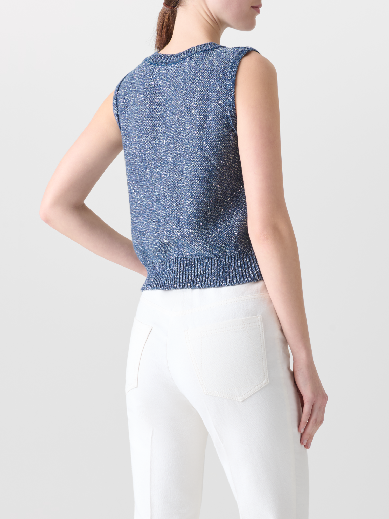 Designer Sleeveless Linen Cotton Knit Top with Sequins - blue