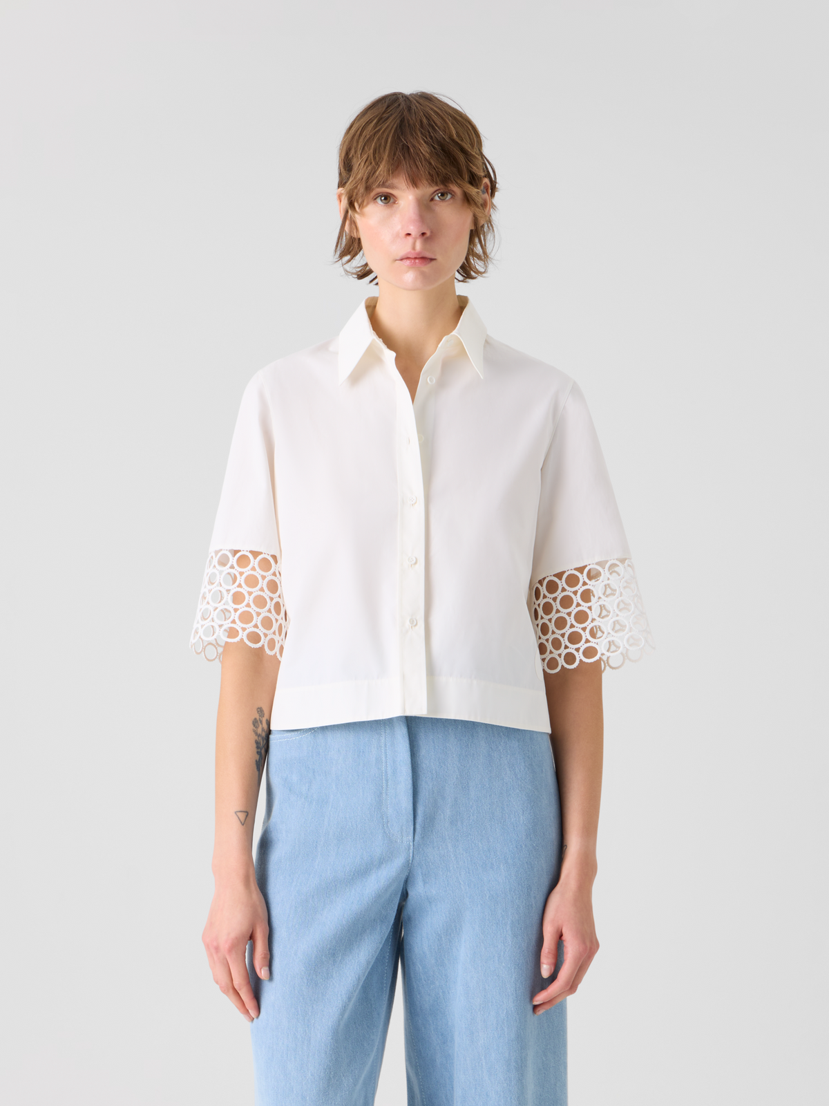 Designer Cotton Boxy Blouse with Eyelet Guipure - white