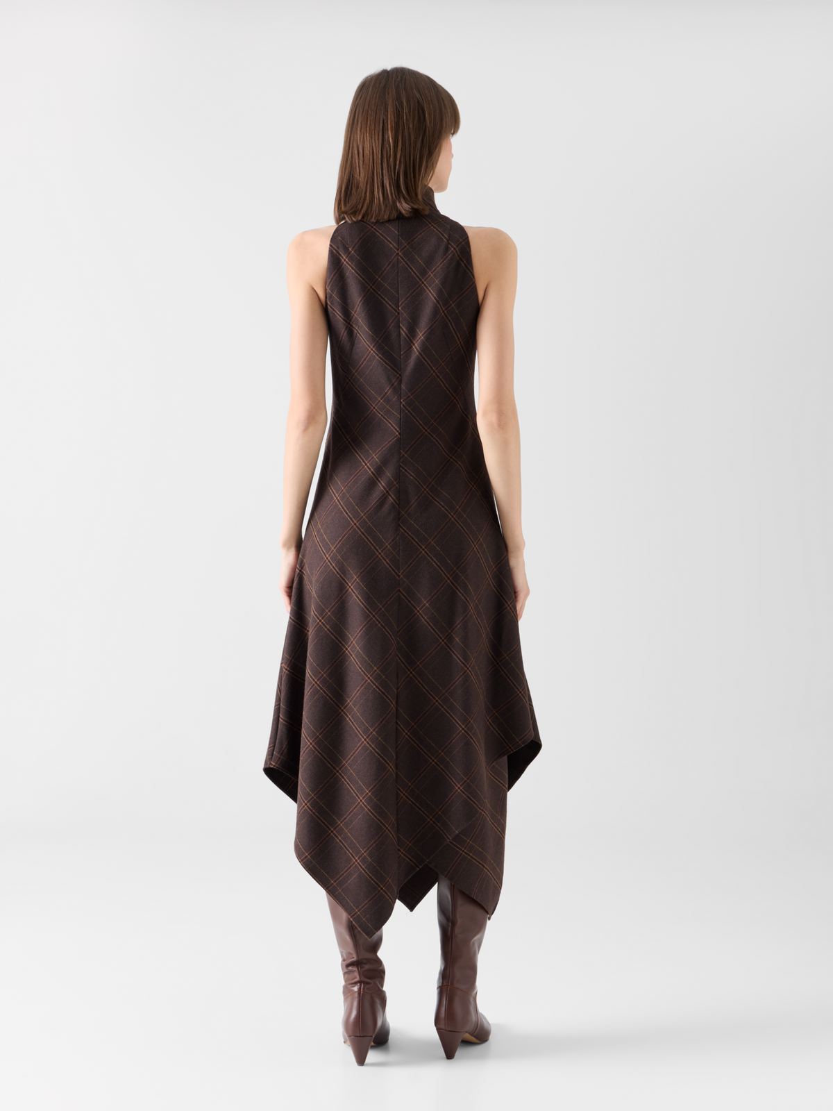 Designer Halter Midi Dress in Check Flannel - brown 