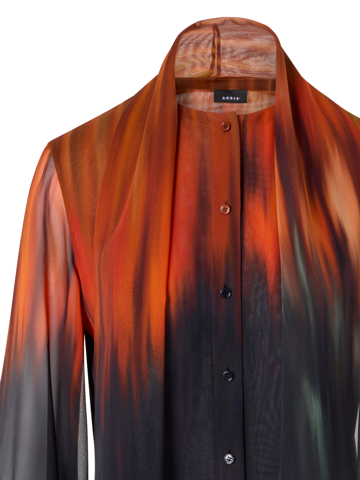 Designer Silk Blouse with Fuego Negro Print and Scarf - multicolor - black - orange - red