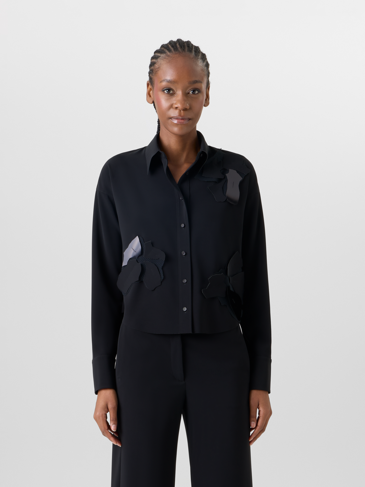 Designer Long-Sleeve Papercut Flower Blouse - black #editorial