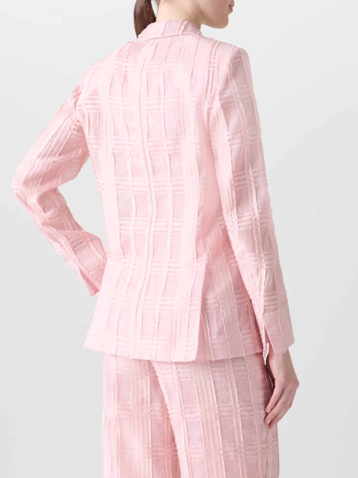 Designer Long Blazer Jacket in Sheer Cotton Plaid - pastel - pink #editorial
