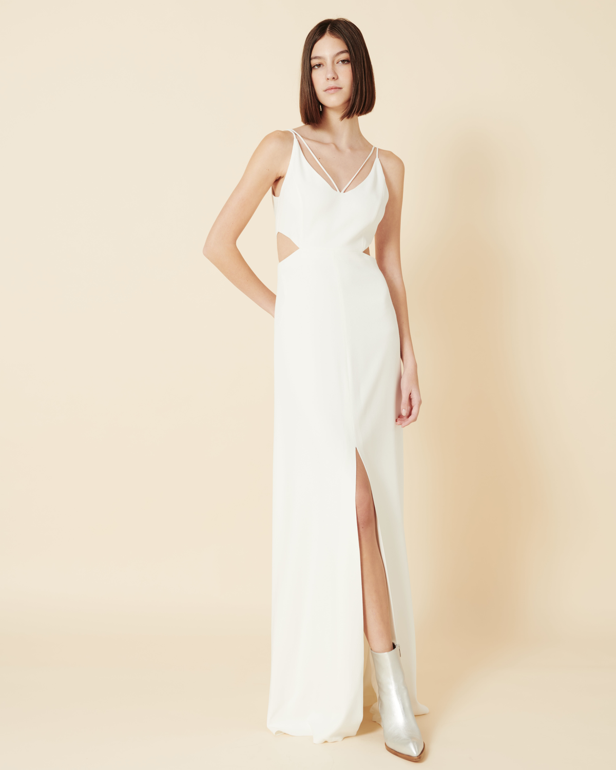 Designer Long Evening Dress with Side Cut Outs - ecru - white #editorial