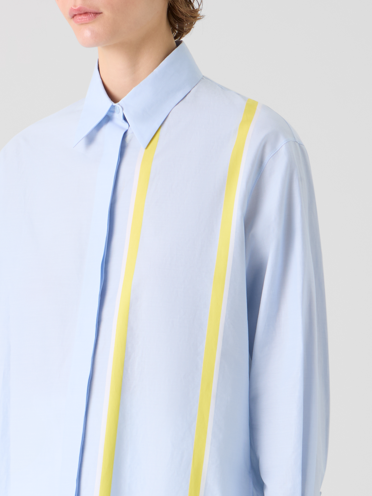 Designer Striped Cotton Chambré Shirt Blouse - pastel - blue #editorial