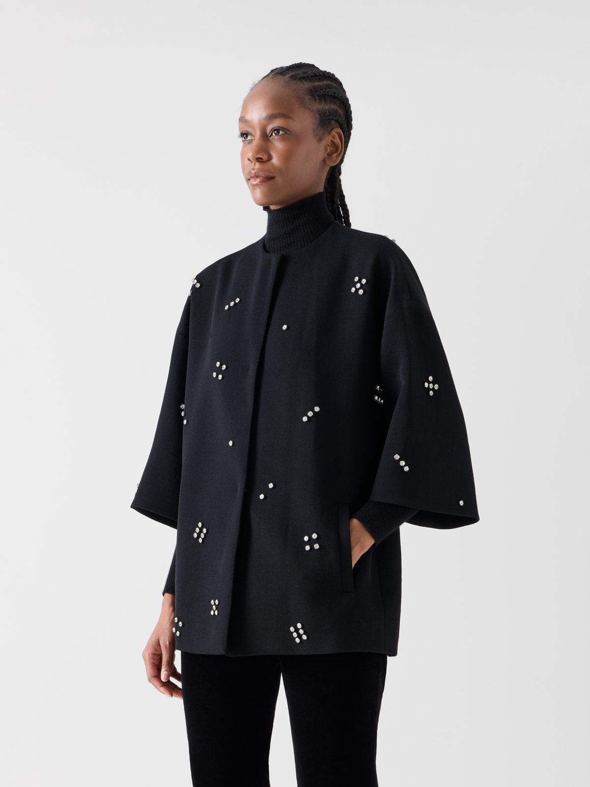 Designer Car Coat with Diamond Dice Dot Embellishment - black 