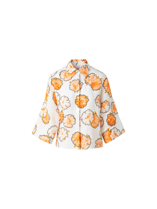 Designer Cropped Linen Kimono Blouse in Carnation Print - multicolor - ecru - orange - white