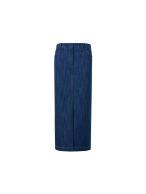 Designer Cotton Stretch Denim Midi Pencil Skirt - navy
