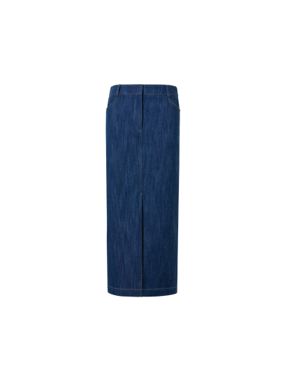 Designer Cotton Stretch Denim Midi Pencil Skirt - navy