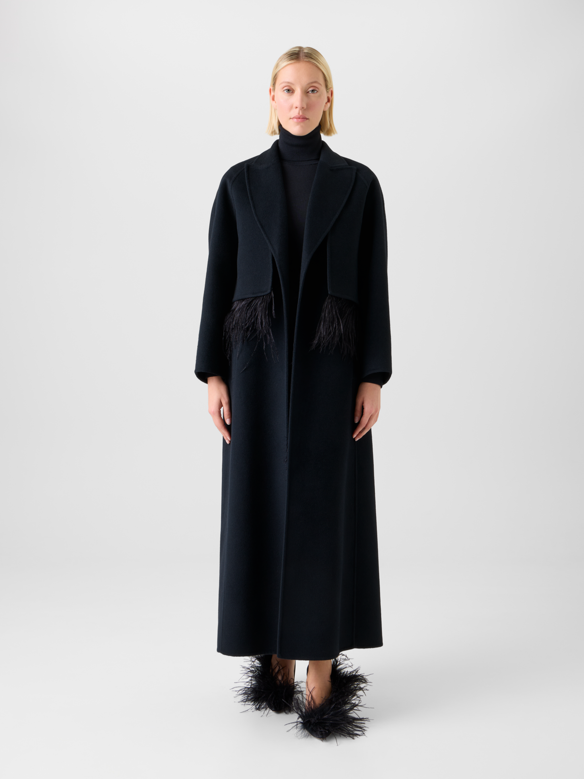 Designer Duo Coat - Vest and Bolero with Feather Detail - black - neutral #editorial