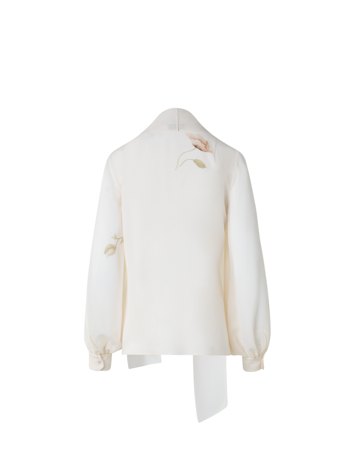 Designer Tie Neck Silk Blouse with Anemone Print - neutral - pastel - multicolor - ecru - white
