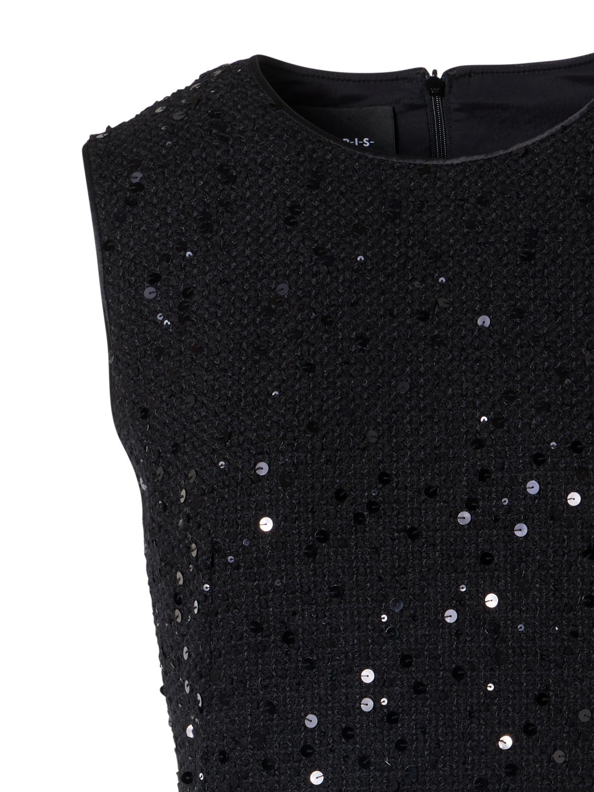 Designer Sleeveless Cotton-Wool Tweed Midi Sheath Dress with Sequins - black