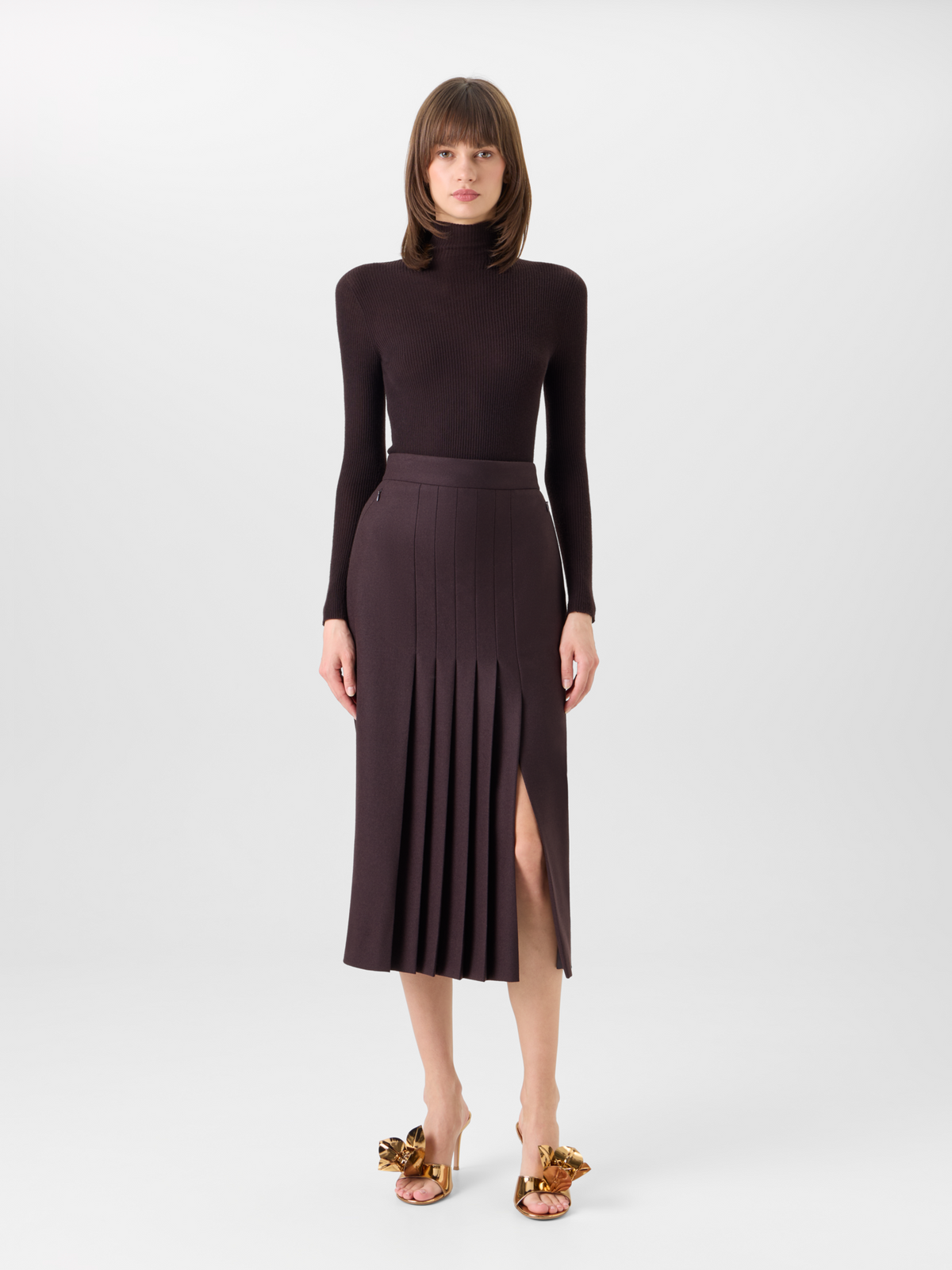 Designer Pleated Midi Pencil Skirt in Wool Flannel - brown 