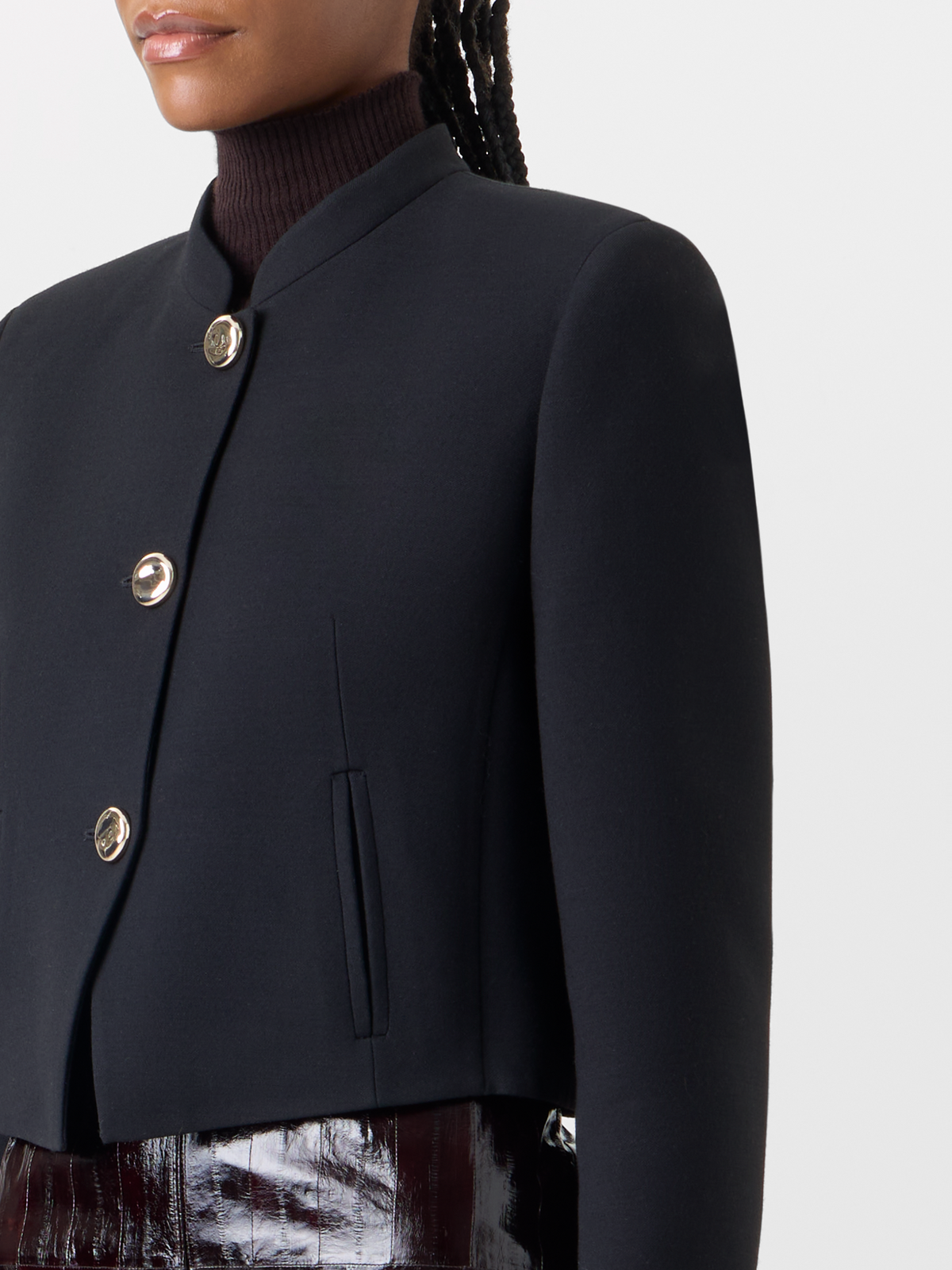 Designer Short Wool Double-Face Jacket with Gold Buttons - black #editorial